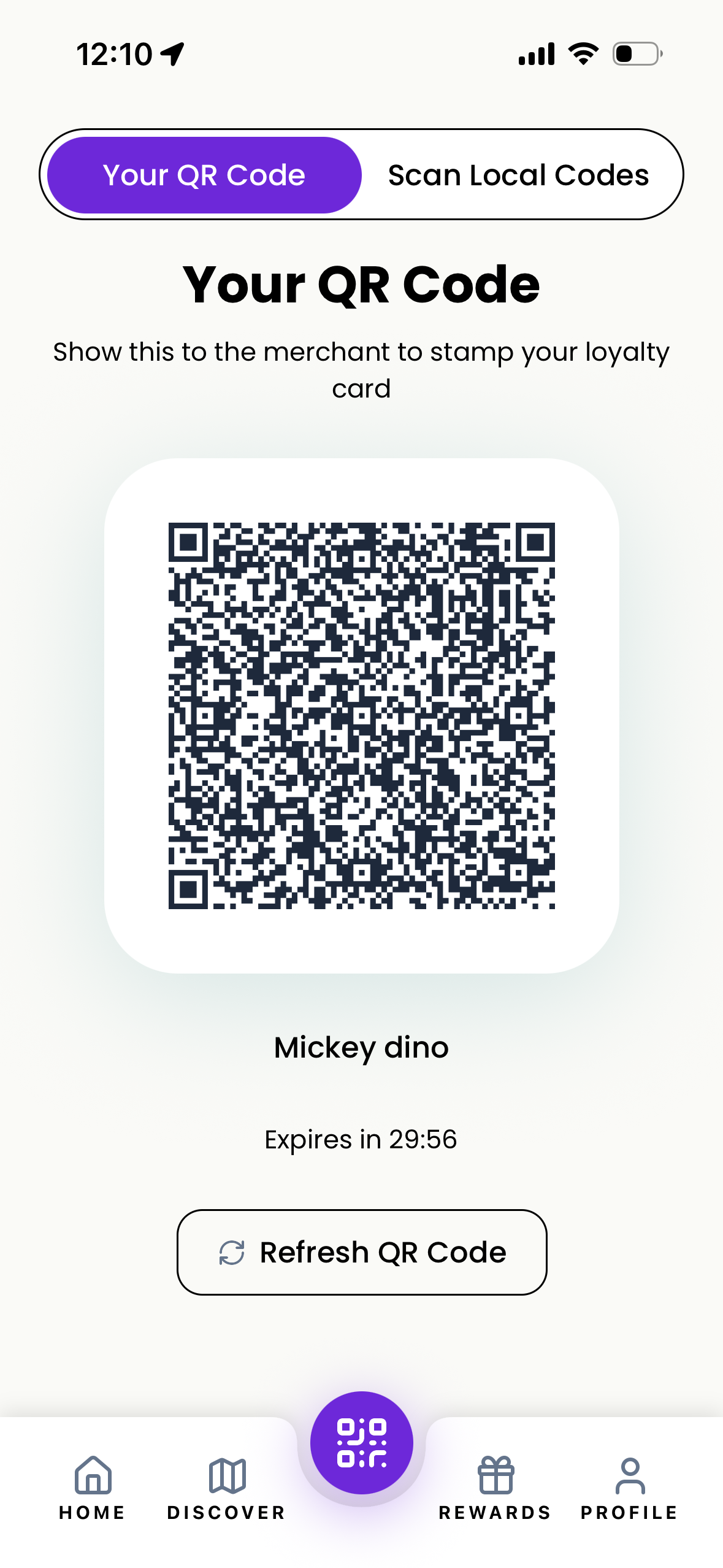 Customer QR code in the PerksLocal app